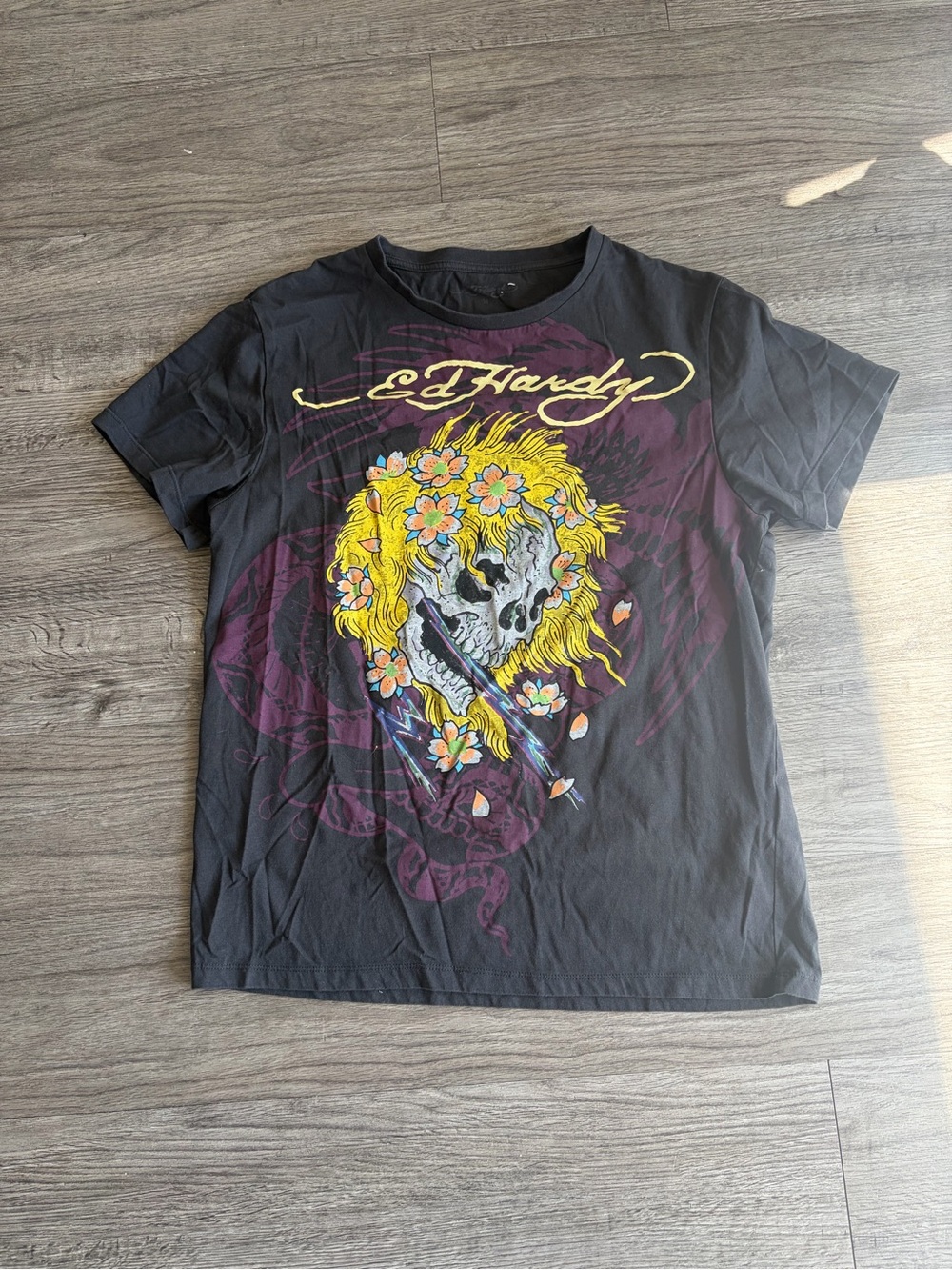 Ed Hardy Black T-Shirt with Yellow Skull and Pink Floral Graphic